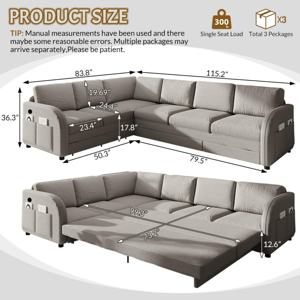 L-Shaped Sofa with Pull-Out Bed and USB Port.