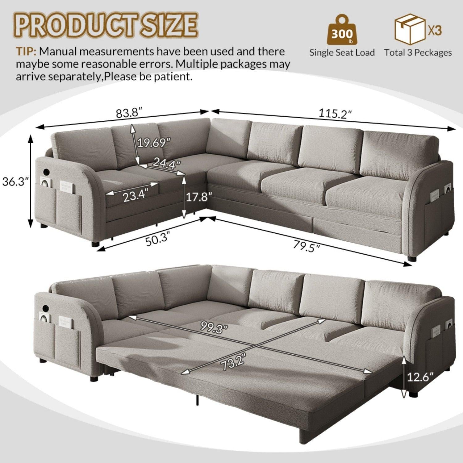 L-Shaped Sofa with Pull-Out Bed and USB Port.