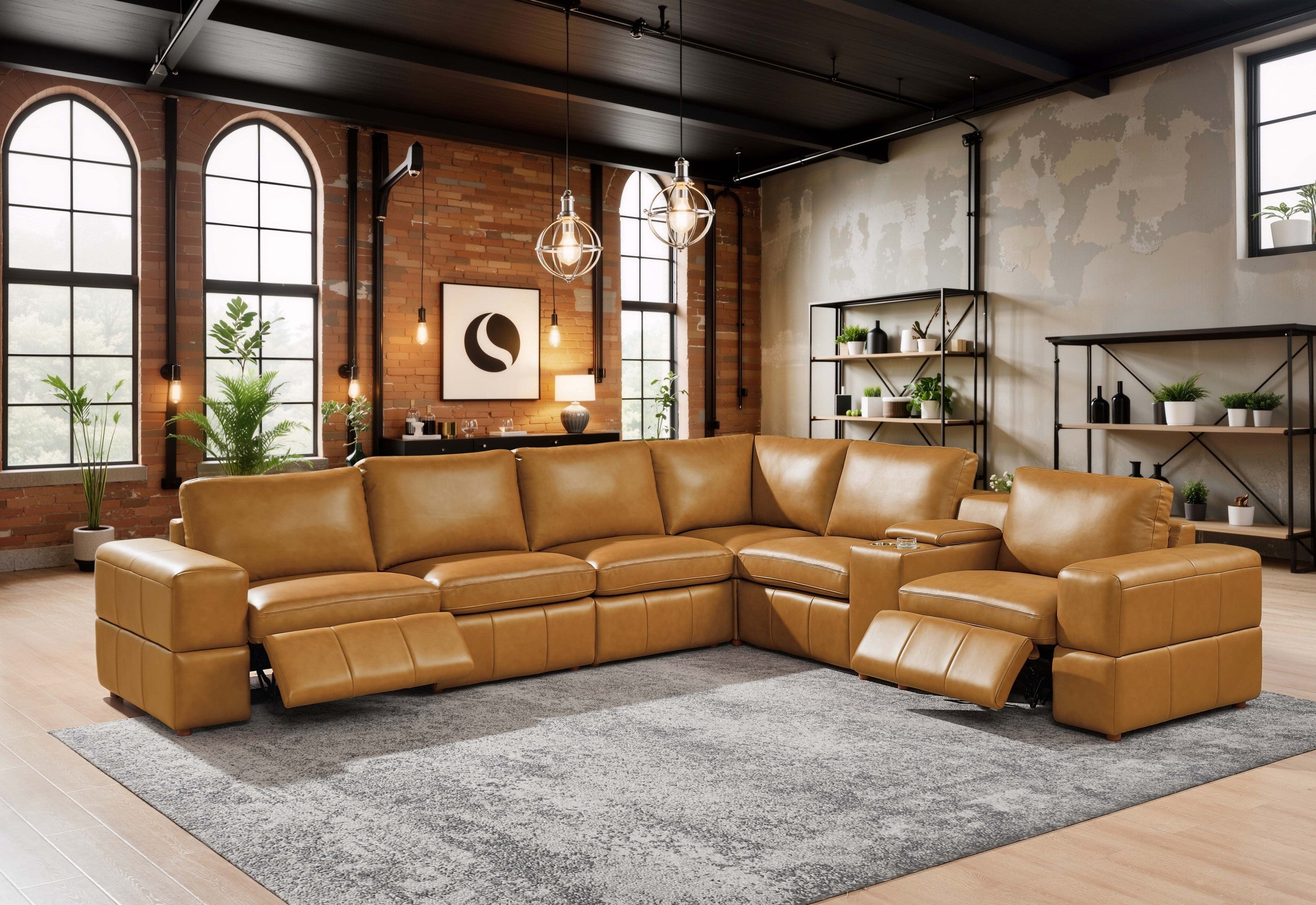 Ginger Leather Match 6-Seater Sectional with Reclining Seats