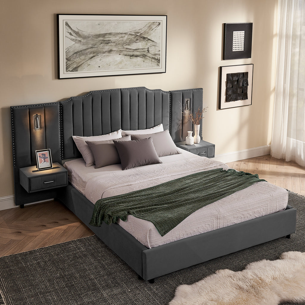 Modern queen bed frame in velvet with vertical panel headboard, bedside lighting, and floating nightstands for stylish bedroom decor.