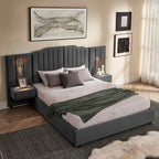 Modern queen bed frame in velvet with vertical panel headboard, bedside lighting, and floating nightstands for stylish bedroom decor.