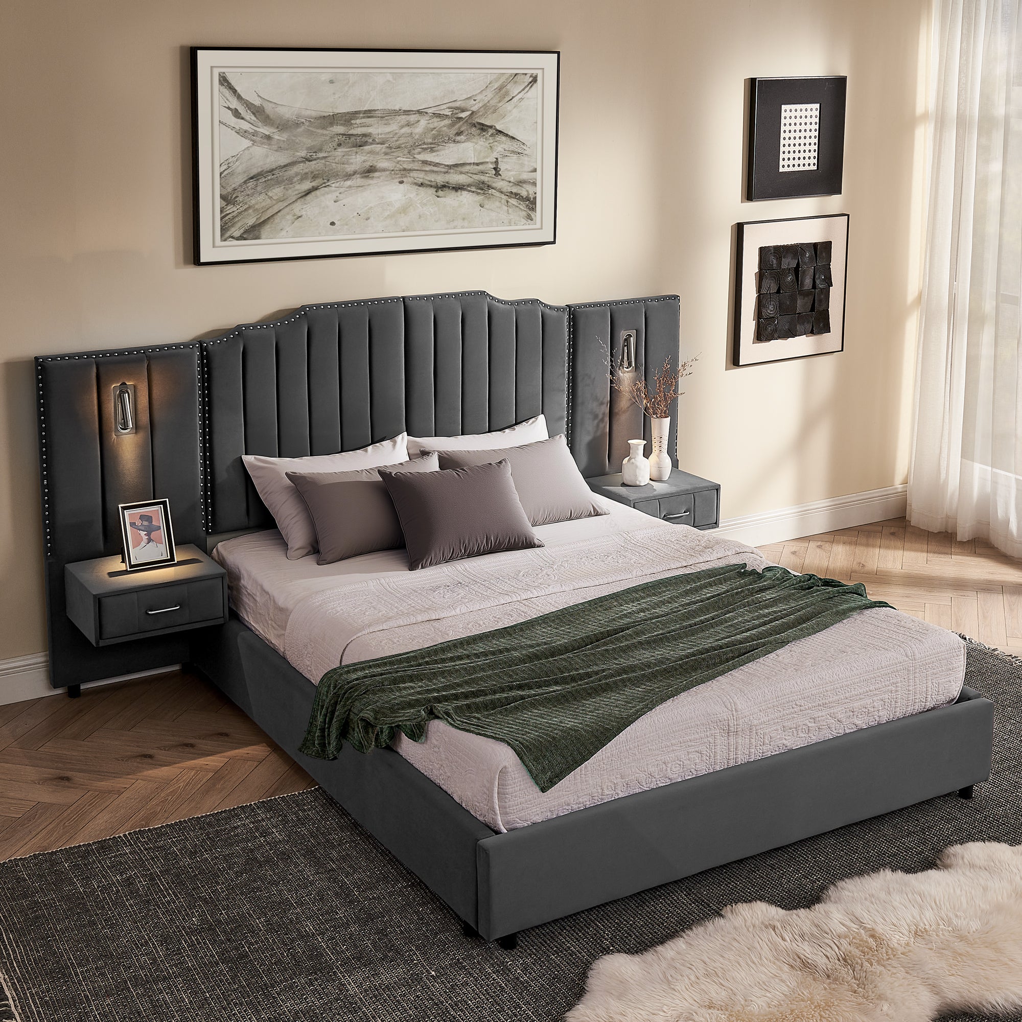 Modern queen bed frame in velvet with vertical panel headboard, bedside lighting, and floating nightstands for stylish bedroom decor.
