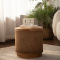 Natural Rattan Round Coffee Table with Hidden Storage and Hemp Trim