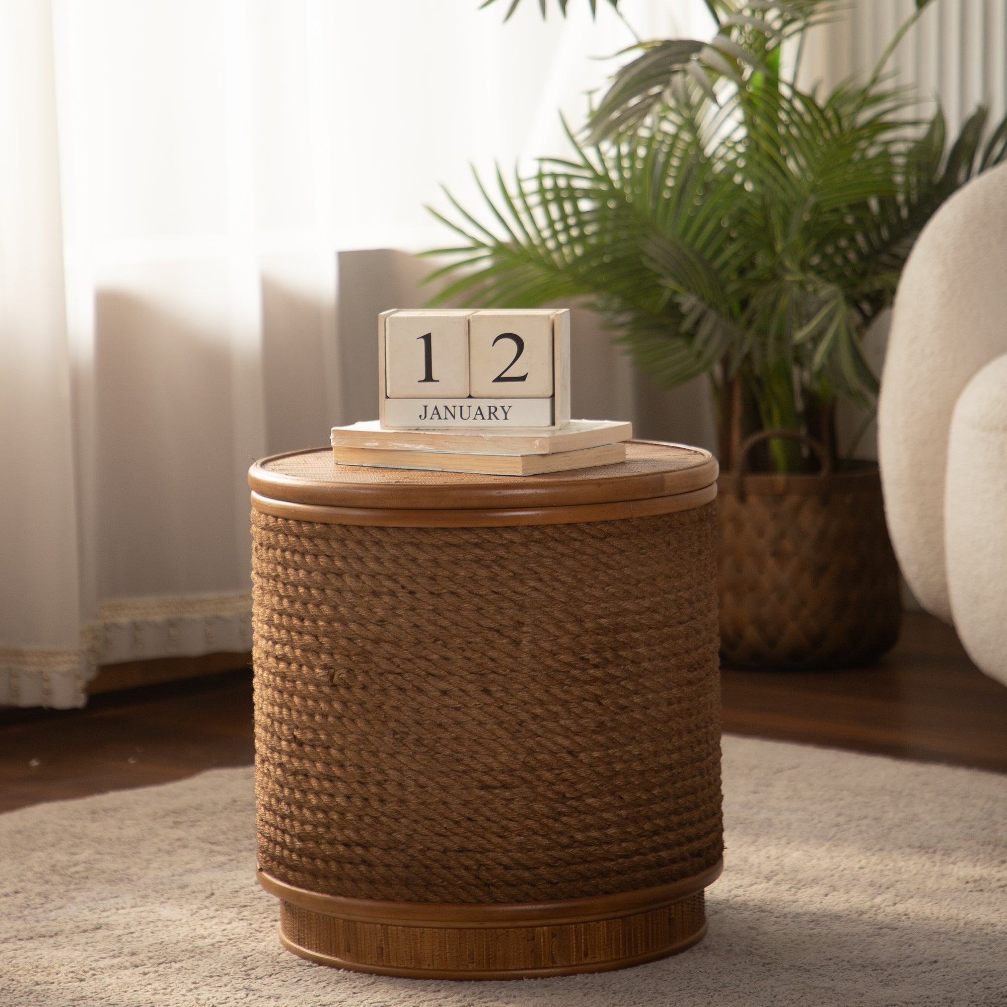 Natural Rattan Round Coffee Table with Hidden Storage and Hemp Trim