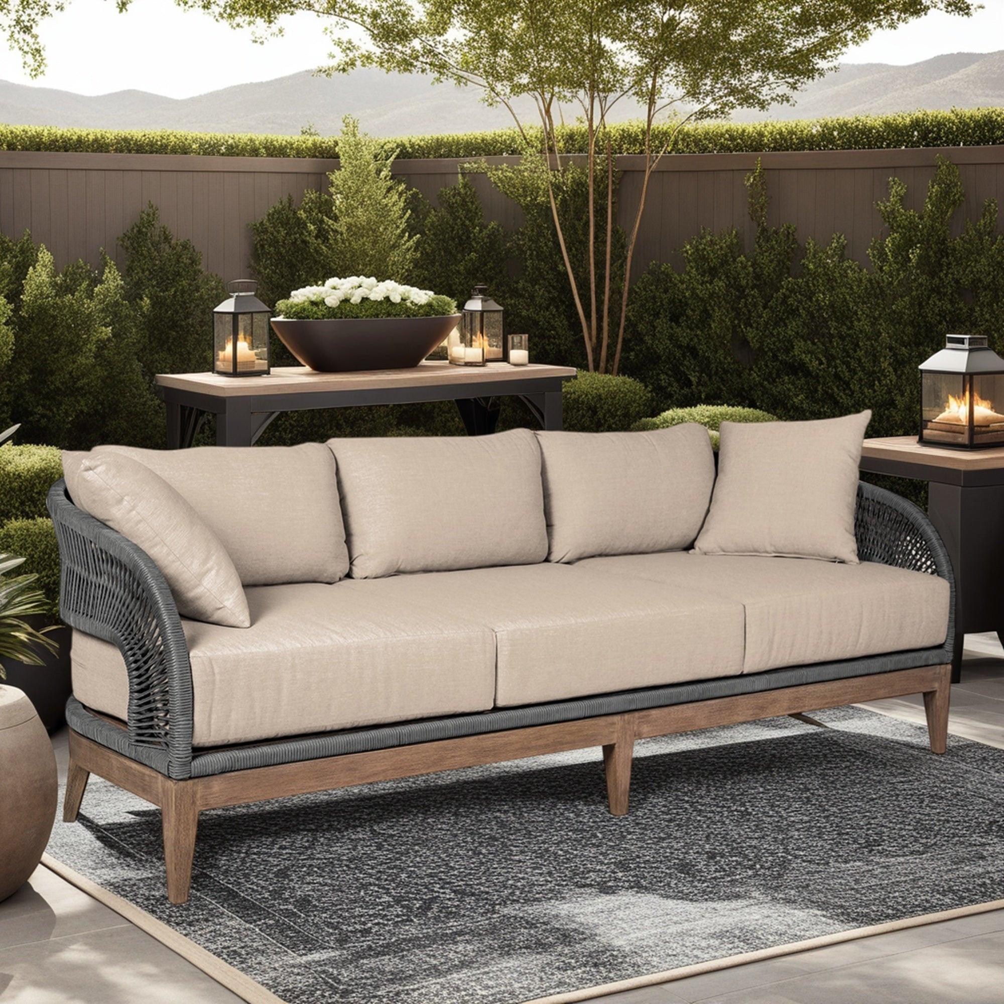 Outdoor Patio Sofa in Weathered Eucalyptus Wood.
