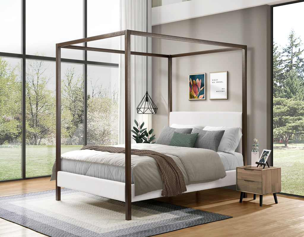 Industrial Luxe Boucle Upholstered Metal Canopy Bed