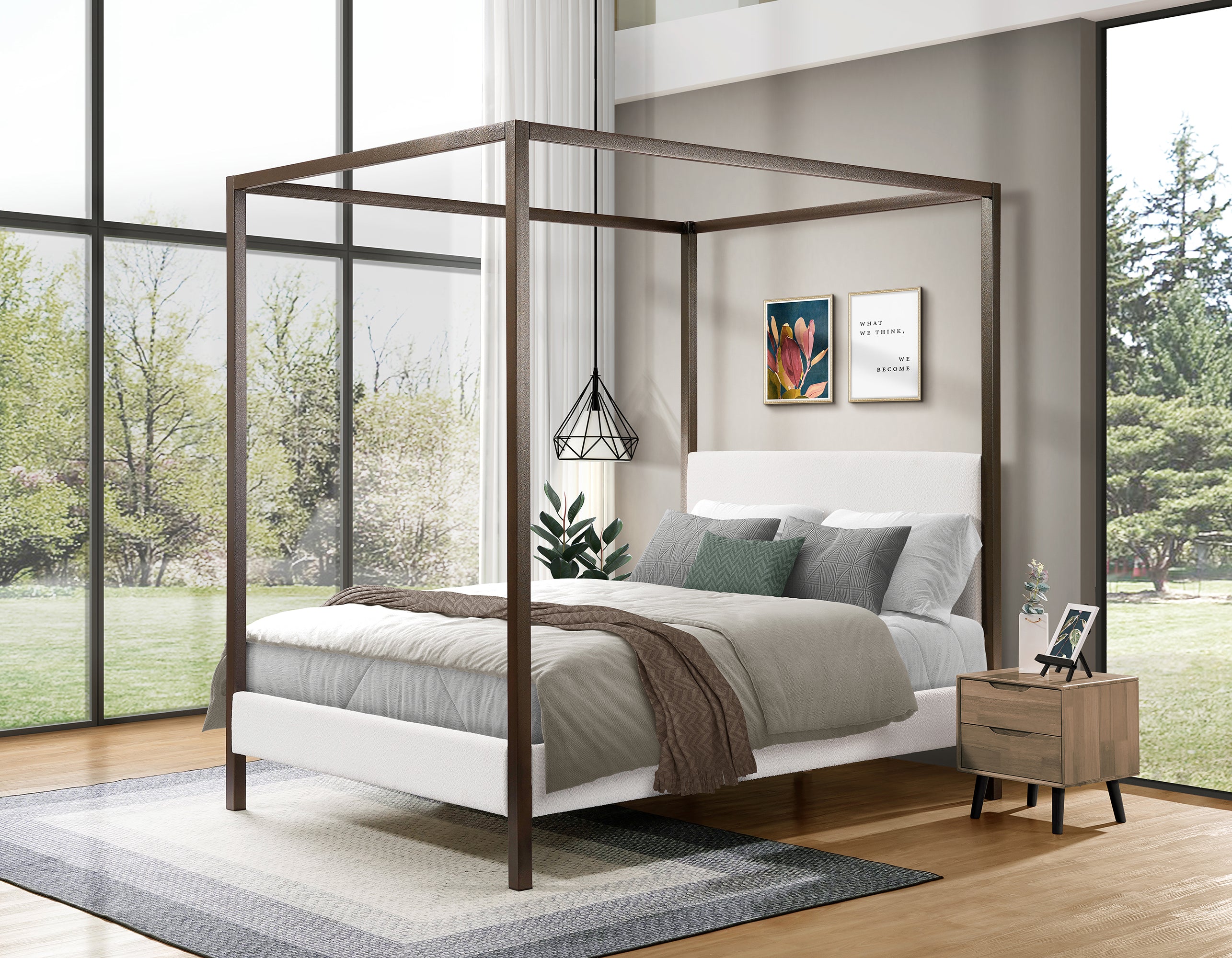 Industrial Luxe Boucle Upholstered Metal Canopy Bed