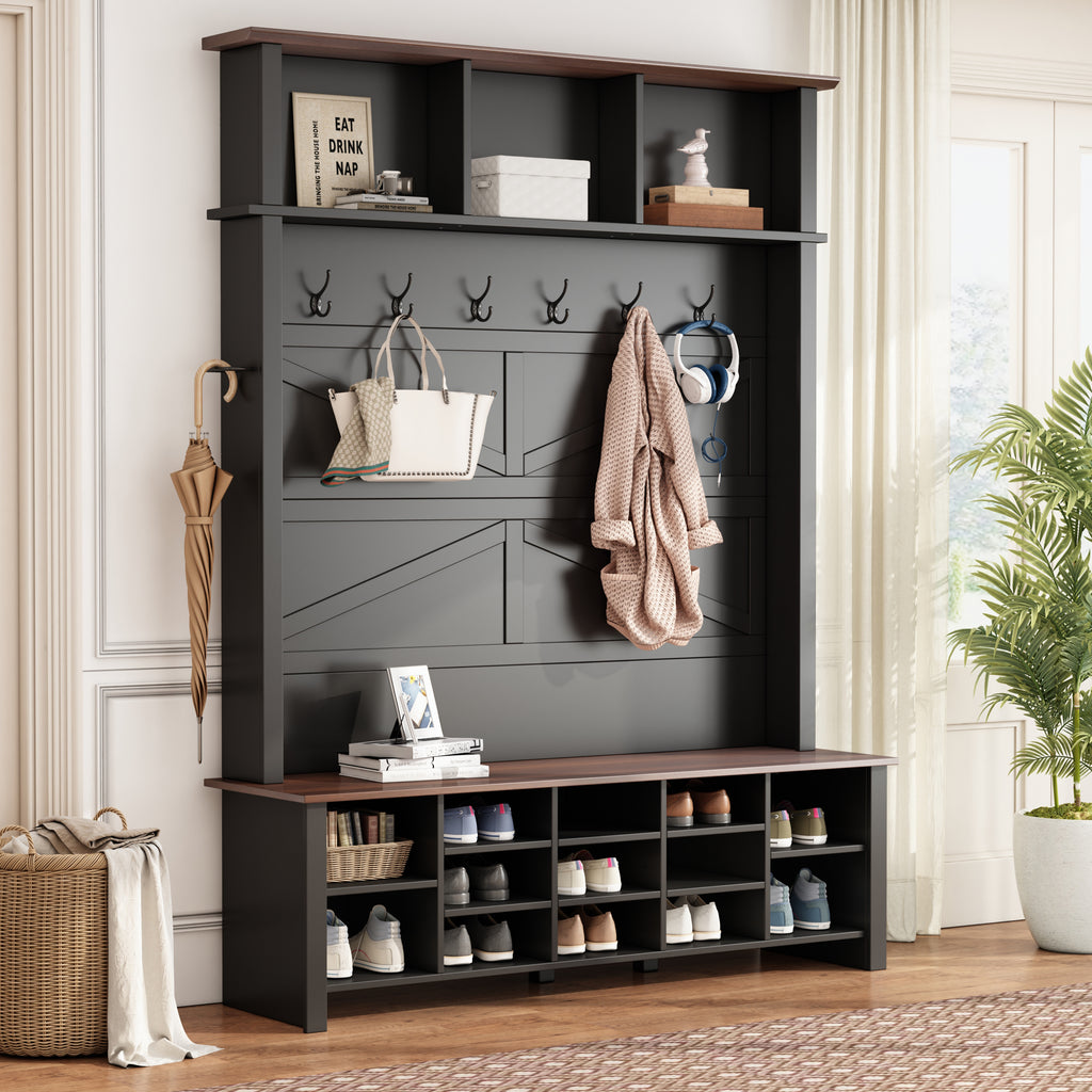 Black farmhouse hall tree with walnut top, 6 hooks, and 16 shoe storage compartments for organized entryway storage.