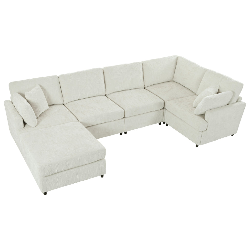 Top view of modular U-shaped sectional sofa with ottoman, highlighting its spacious and flexible seating configuration.