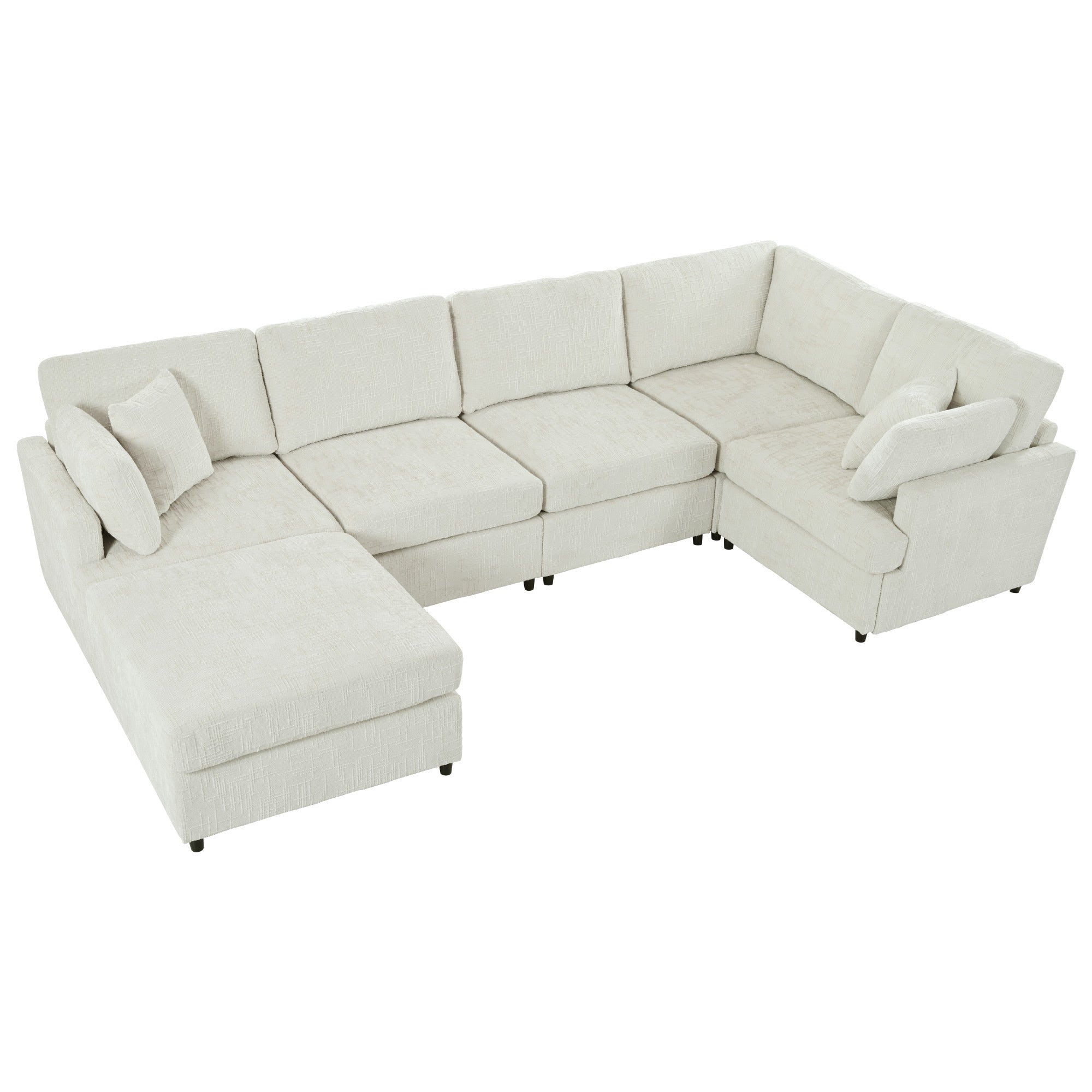 Top view of modular U-shaped sectional sofa with ottoman, highlighting its spacious and flexible seating configuration.