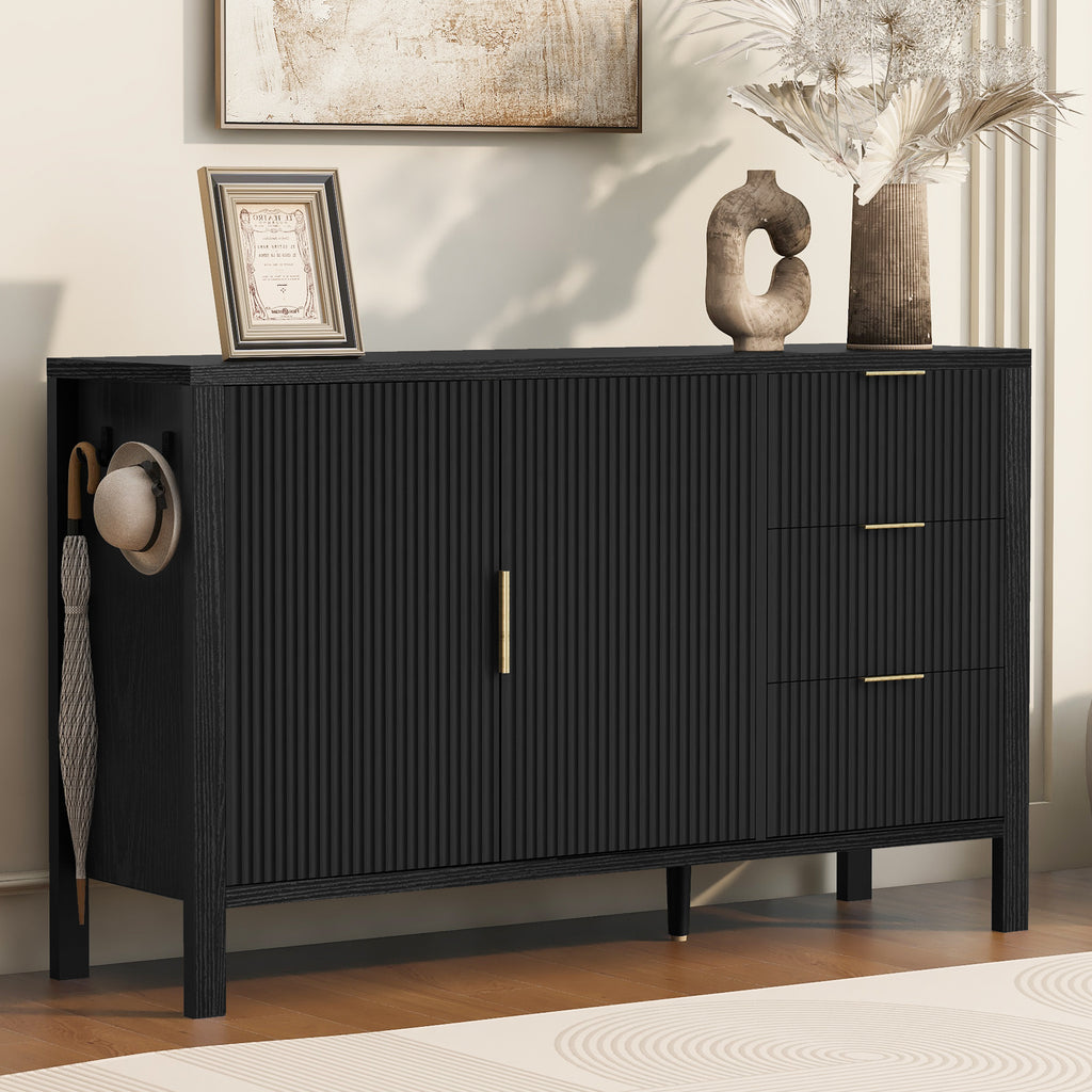 Modern wave-pattern sideboard with ample storage, featuring dual doors, three drawers, and gold handles in a stylish black finish.