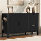 Modern wave-pattern sideboard with ample storage, featuring dual doors, three drawers, and gold handles in a stylish black finish.