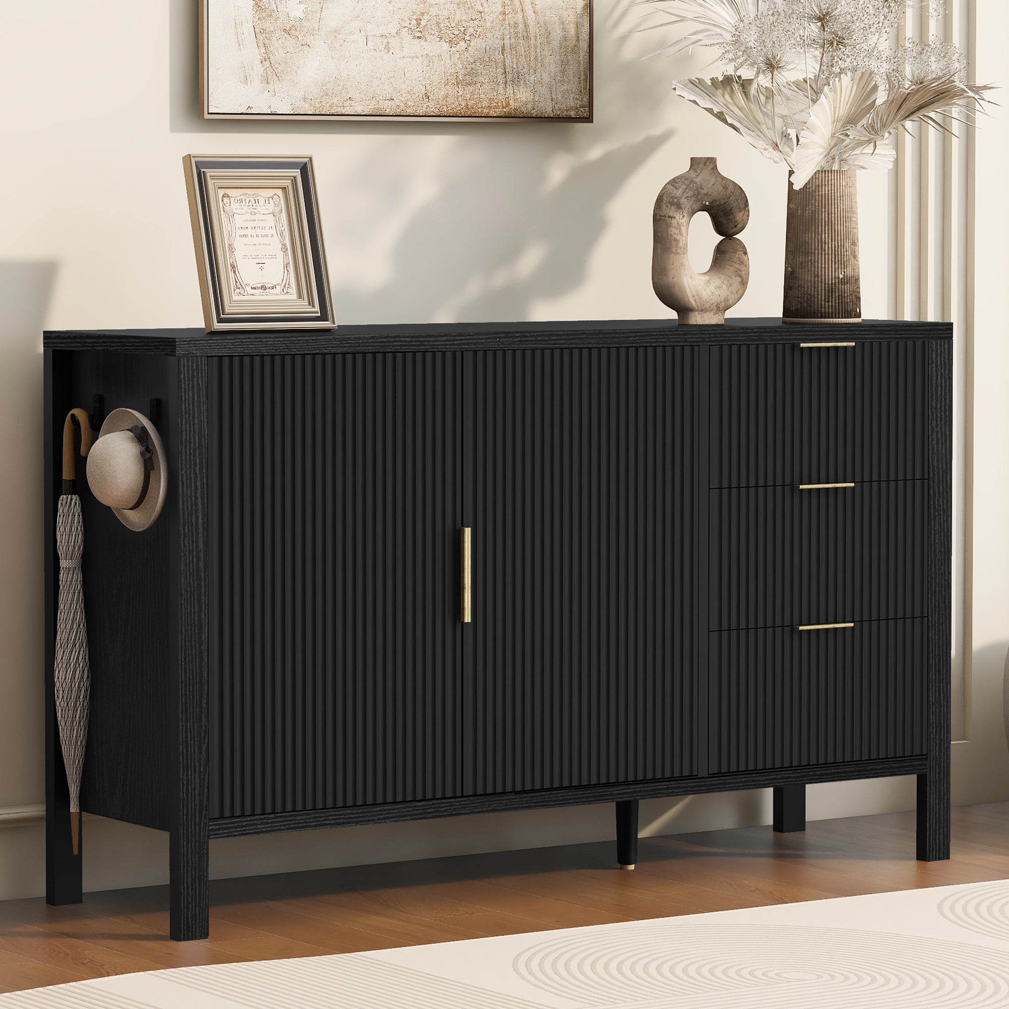 Modern wave-pattern sideboard with ample storage, featuring dual doors, three drawers, and gold handles in a stylish black finish.
