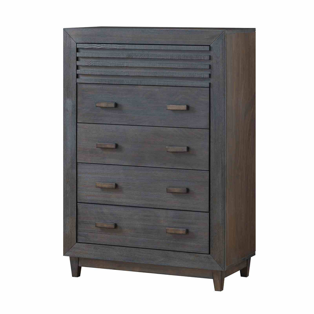 Angled view of transitional solid wood chest with slat design and mortise joinery, finished in charcoal brown with five spacious drawers.