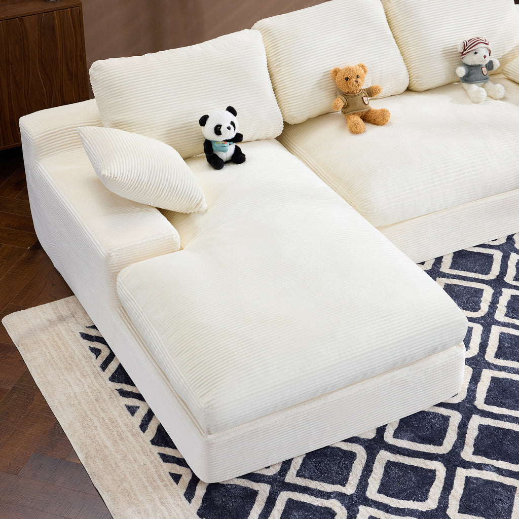 Chaise lounge section of White Corduroy Sofa with plush seating and ribbed texture, ideal for relaxing in modern interiors.