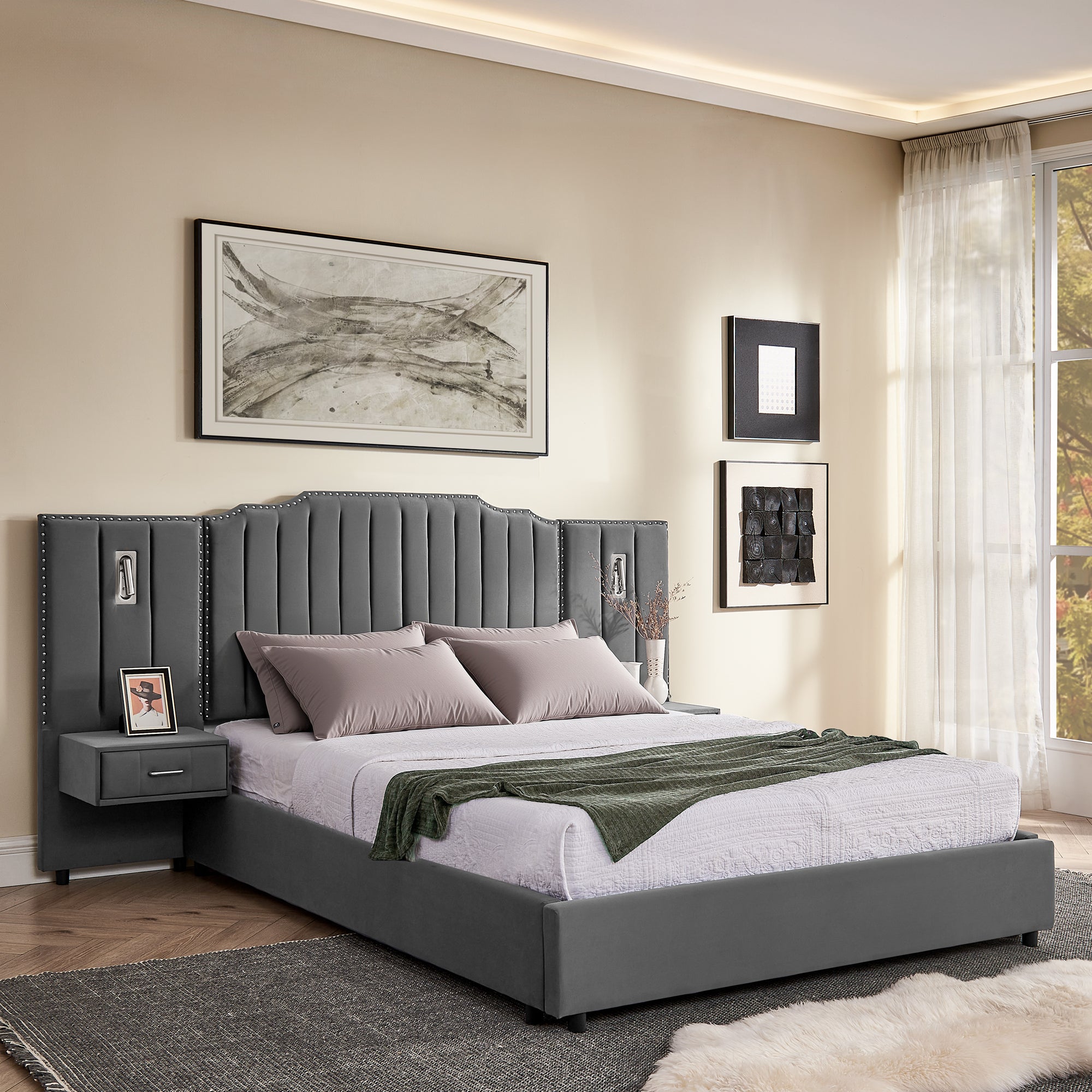 Velvet upholstered queen bed frame with tall vertical headboard, integrated lamps, and side drawers, no box spring required.