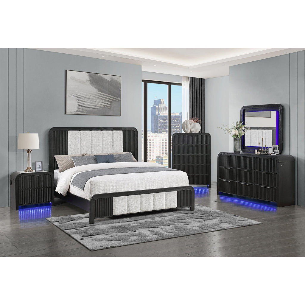 Beverly White and Black Fluted Dresser with LED Light, Spacious Drawers, Edge Pulls, Rubber Wood, 63.25in L x 18in W x 38in H.