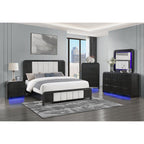 Beverly White and Black Fluted Dresser with LED Light, Spacious Drawers, Edge Pulls, Rubber Wood, 63.25in L x 18in W x 38in H.
