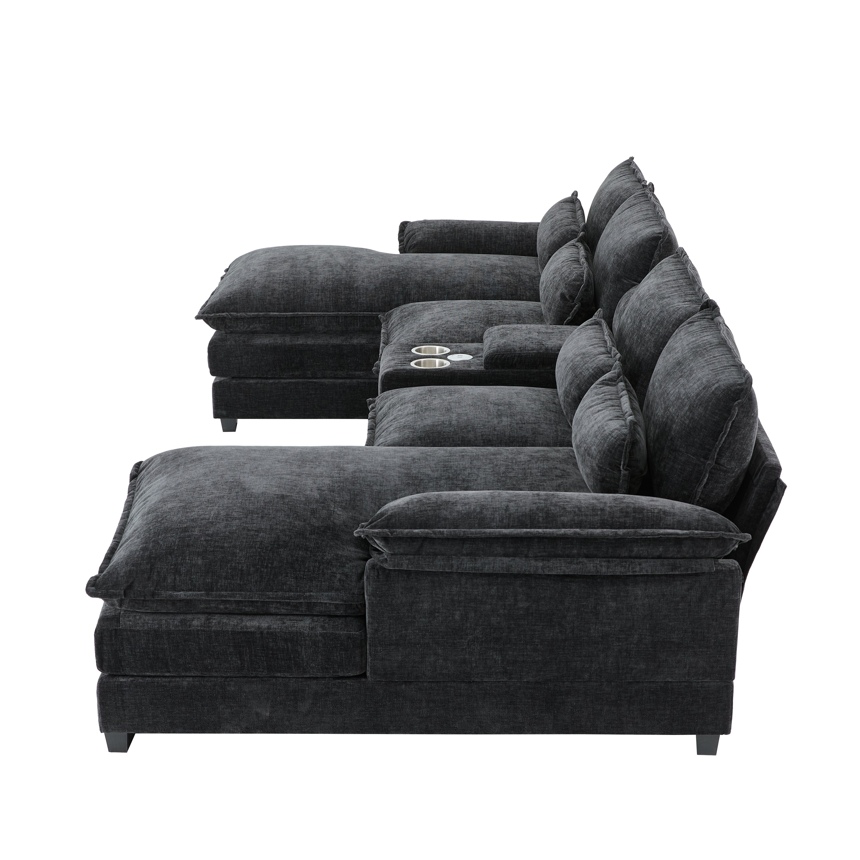 Side profile of Modern U-Shaped Sectional Sofa with Console & USB, emphasizing deep seating and layered back cushions.