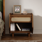 Mid-century modern walnut nightstand featuring a woven rattan drawer front, open storage shelf, and tapered legs.