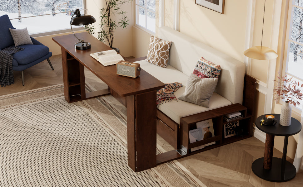 Queen Multifunctional Daybed with extended removable desk setup, offering workspace functionality and integrated shelving.