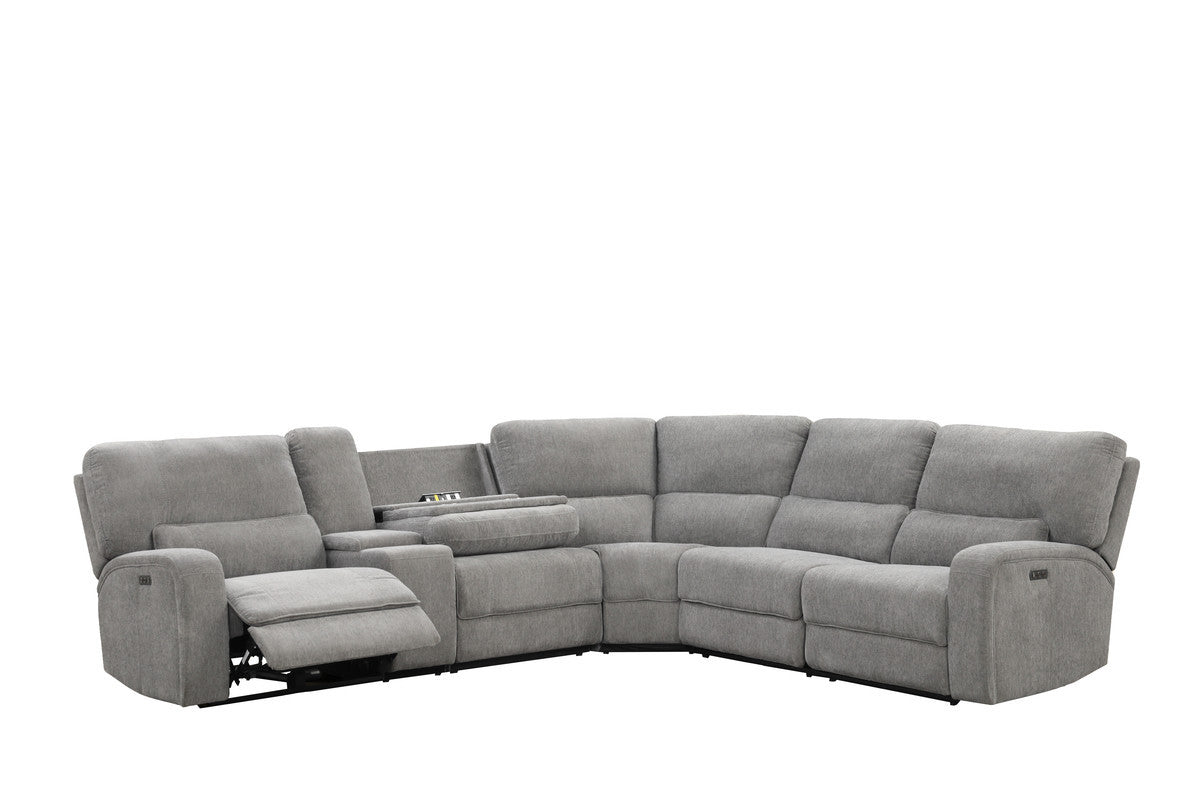 Reclining sectional with USB & storage - power reclining in light gray fabric. Includes power headrests, cupholders, and built-in charging ports.