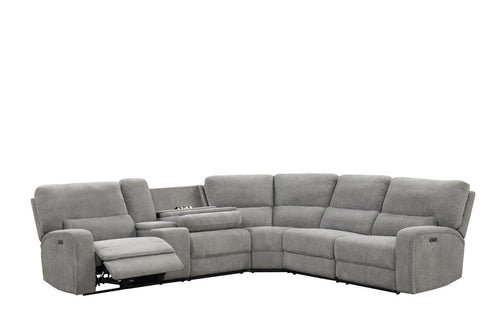 Reclining sectional with USB & storage - power reclining in light gray fabric. Includes power headrests, cupholders, and built-in charging ports.