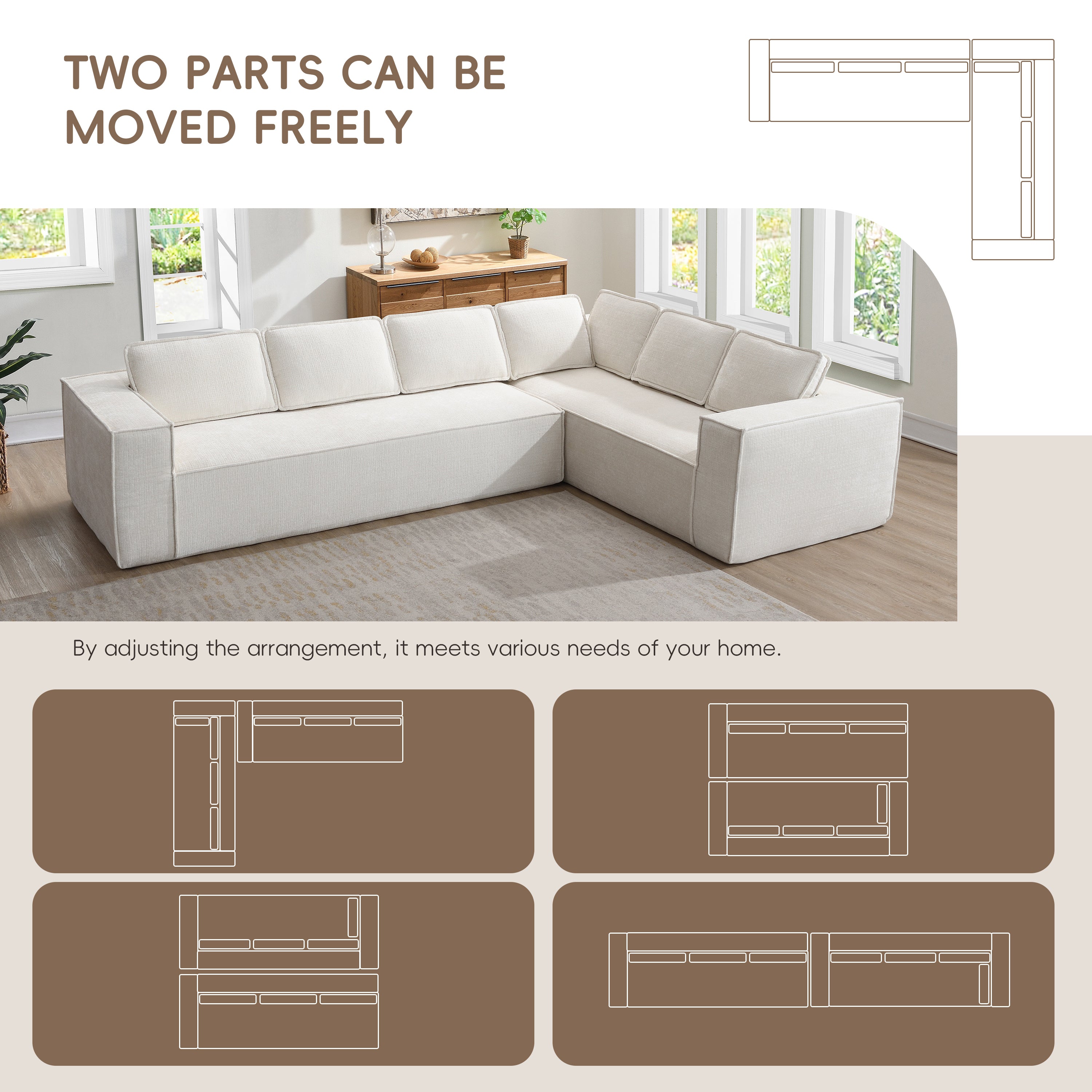 Modular sectional sofa showing flexible layout options with two movable parts for customizable room arrangements.