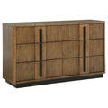 Ash brown 6-drawer wood dresser with vertical slat detailing and contrasting black hardware on a solid black base.