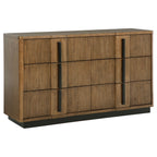 Ash brown 6-drawer wood dresser with vertical slat detailing and contrasting black hardware on a solid black base.