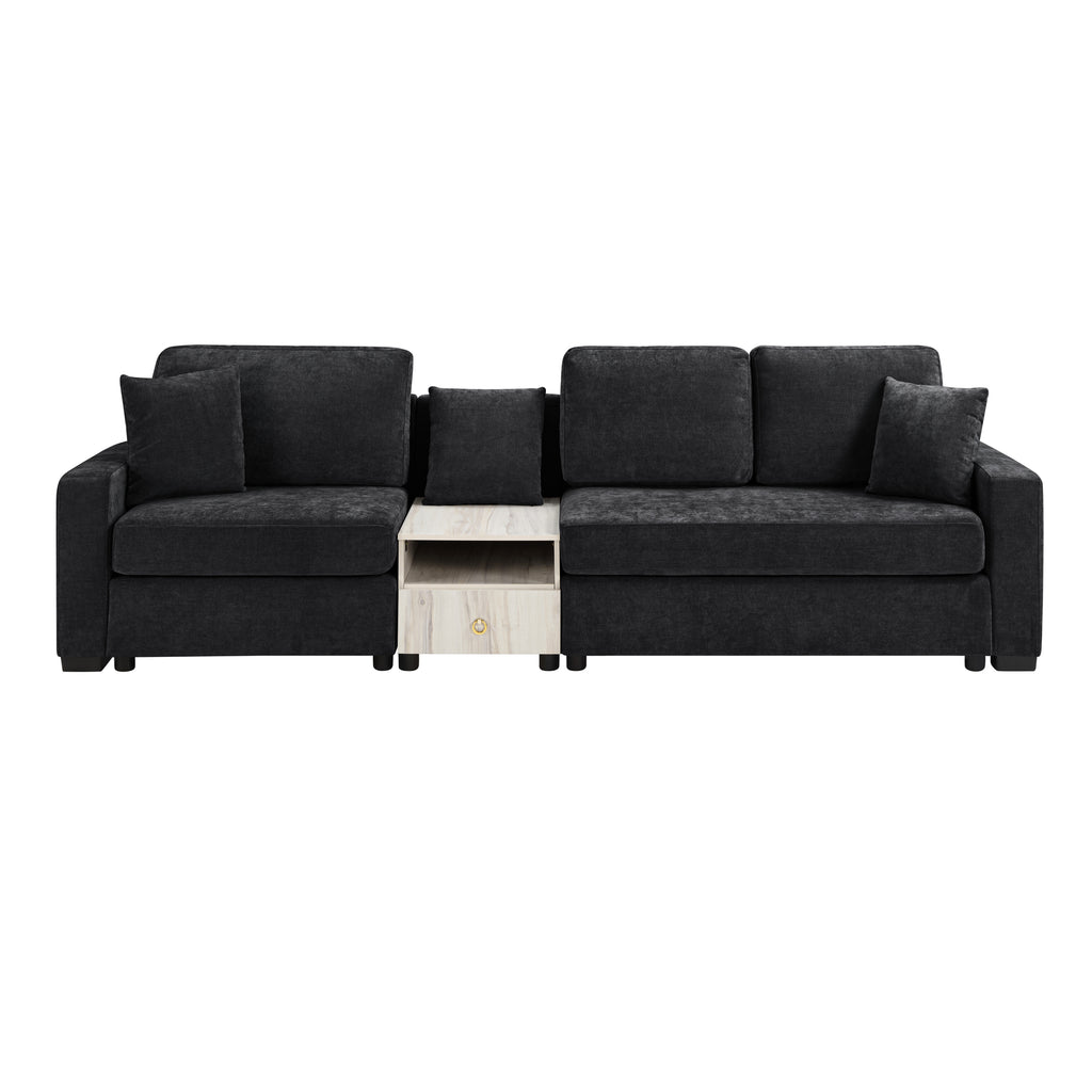 Modern 3-Seater Black Chenille Sofa with Built-In Storage Armrest