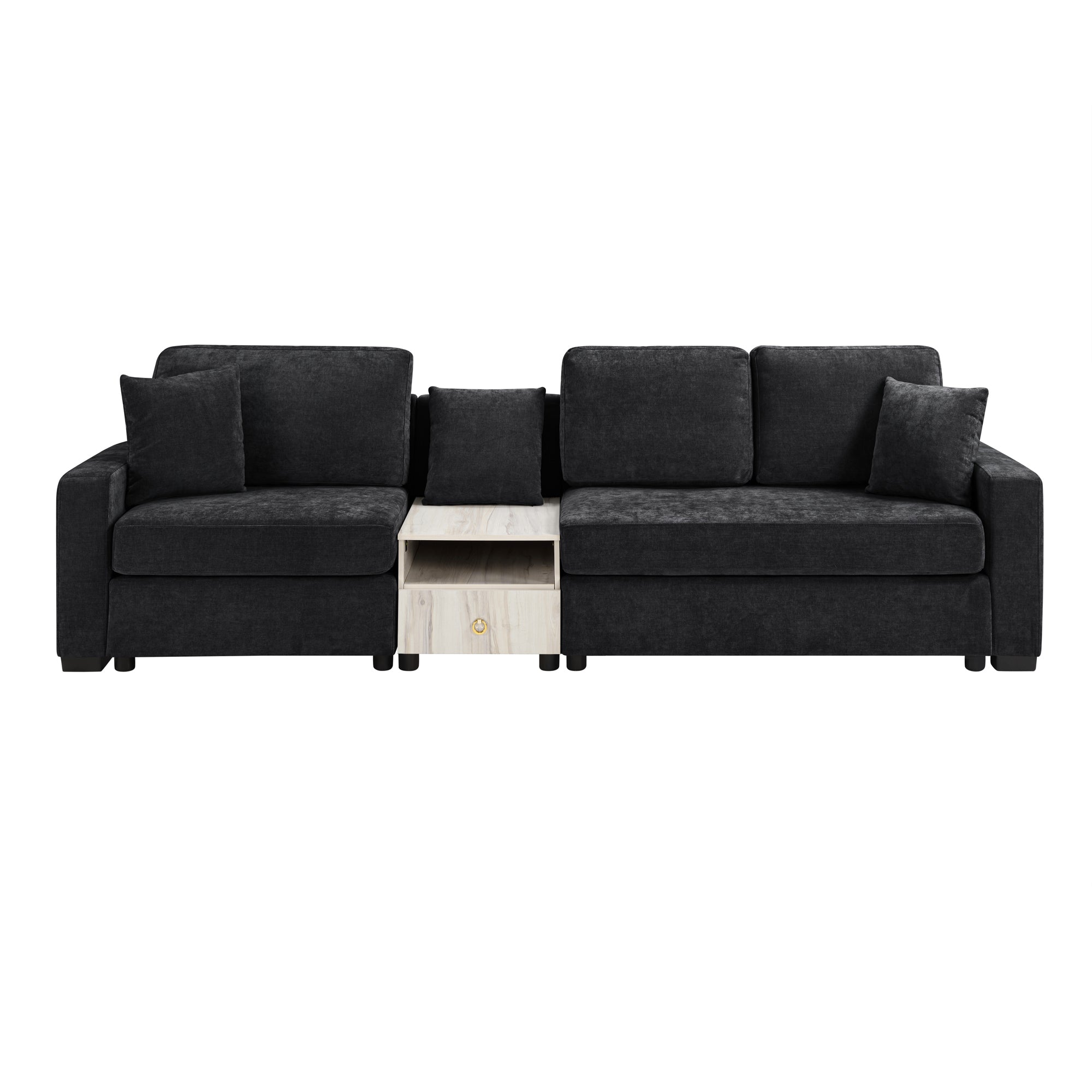 Modern 3-Seater Black Chenille Sofa with Built-In Storage Armrest