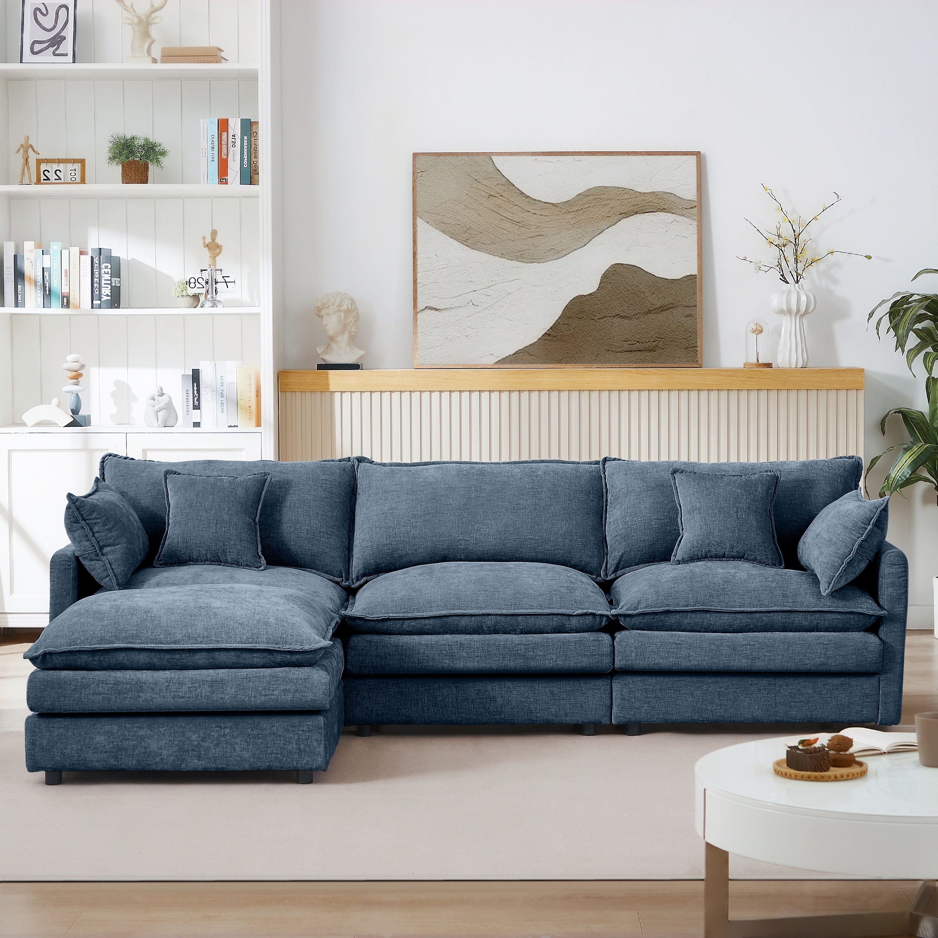 Modern Modular Sectional Sofa, 102 Inch L-Shaped Couch with Movable Ottoman, Blue Chenille Upholstery