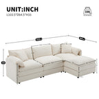 Dimensions of Chenille Modular Sofa with deep seats and movable ottoman, showing detailed measurements in inches for sectional layout.