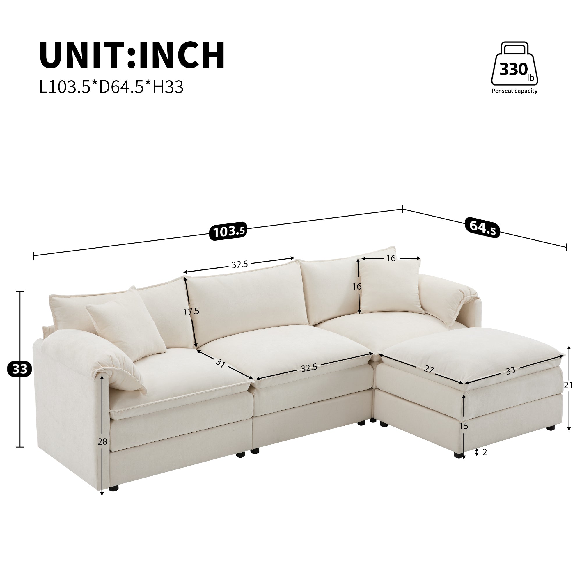 Dimensions of Chenille Modular Sofa with deep seats and movable ottoman, showing detailed measurements in inches for sectional layout.