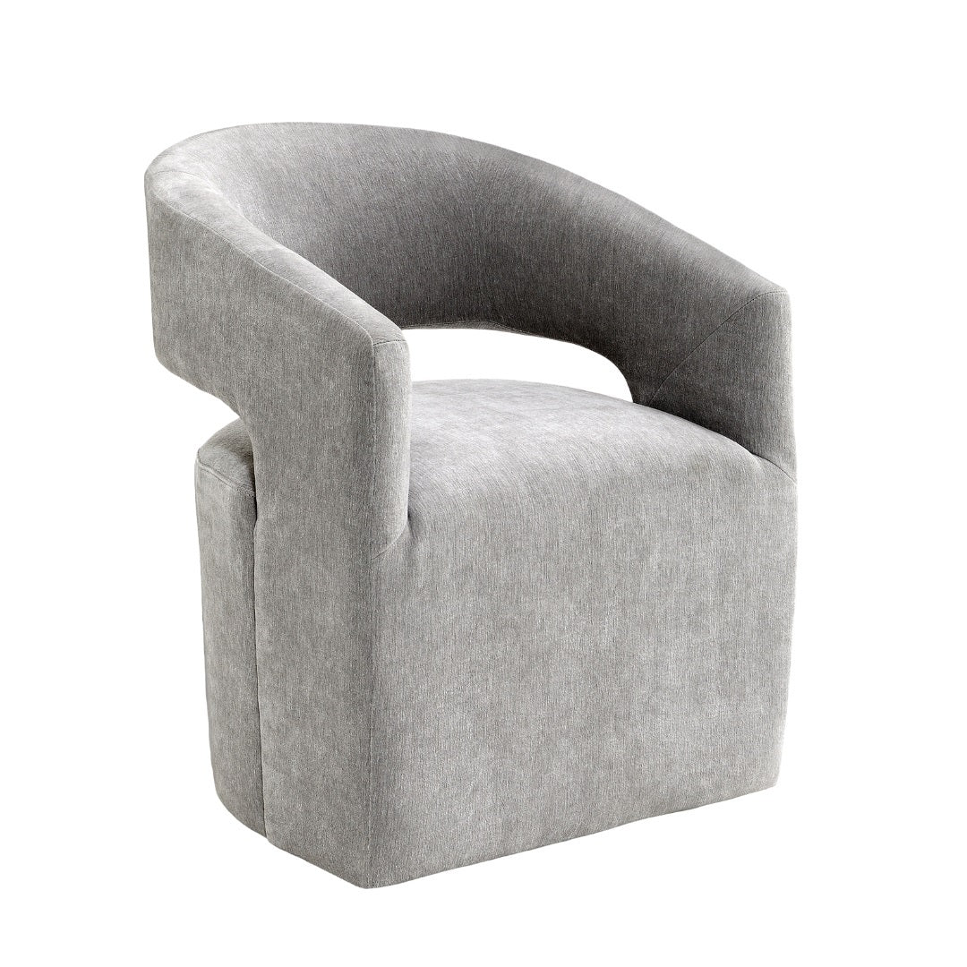 Contemporary gray arm chair with casters shown on white background, highlighting its sleek barrel-back and pedestal base.