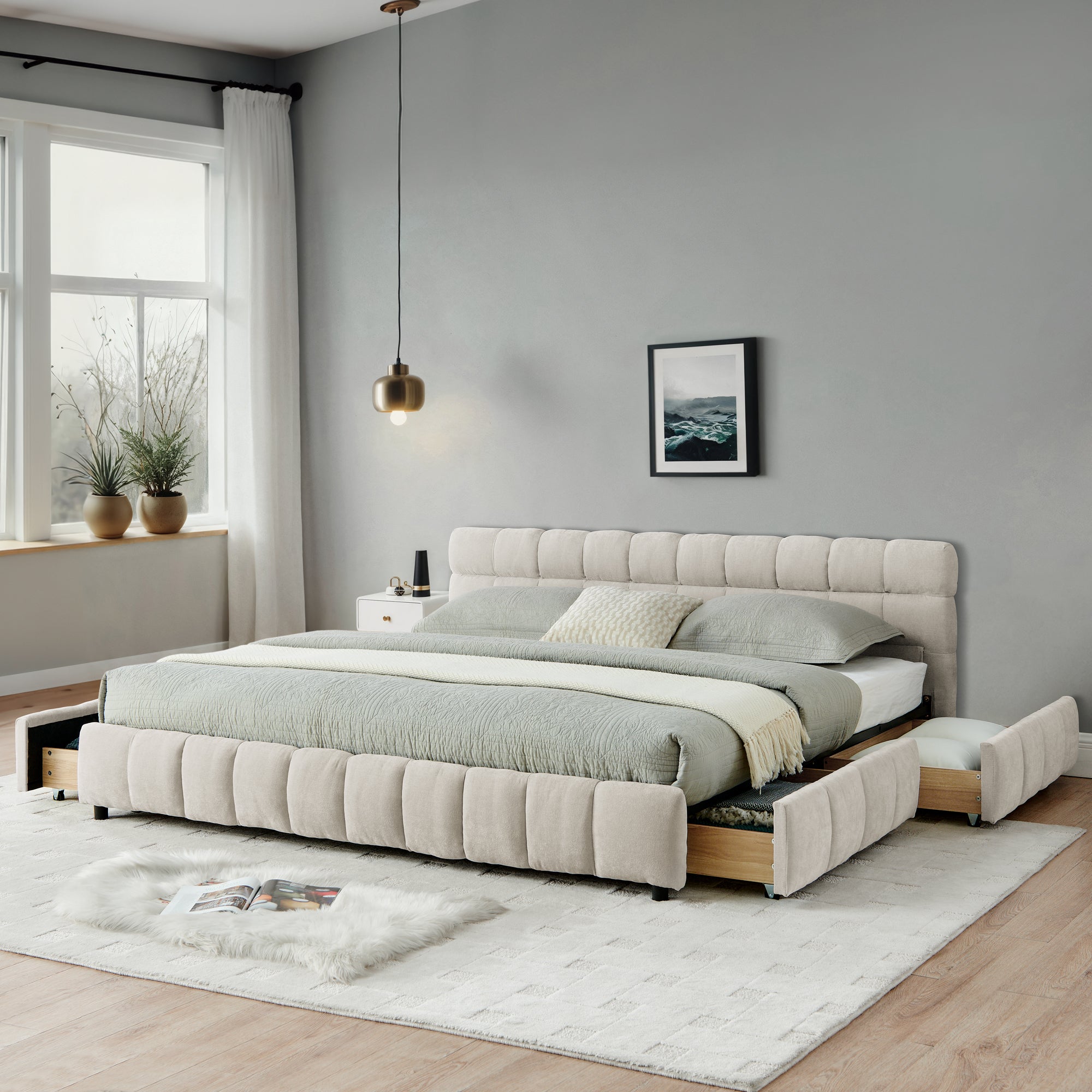 California King upholstered bed with chenille fabric and open side storage drawers, offering comfort and functionality in a modern bedroom setting.