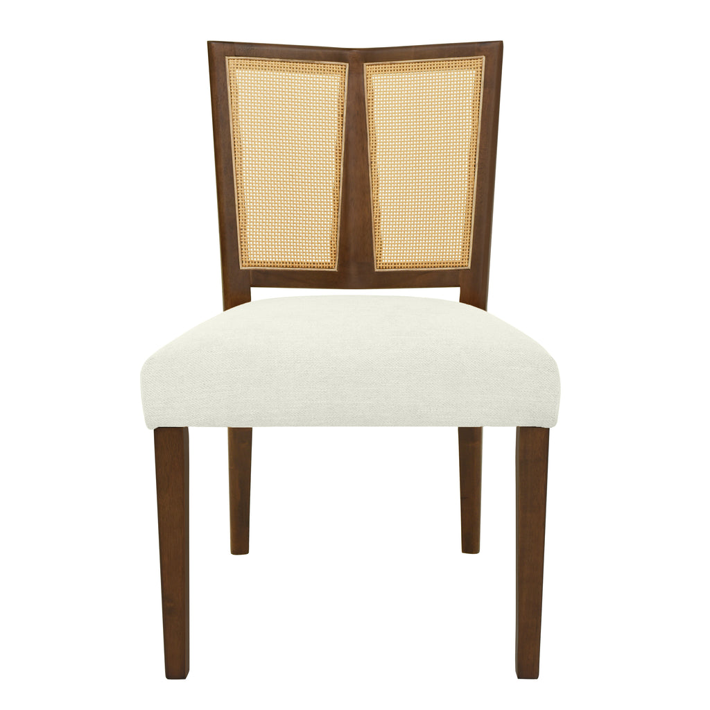Front view of mid-century dining chair with white fabric seat and rattan backrest framed in dark wood for a stylish retro look.