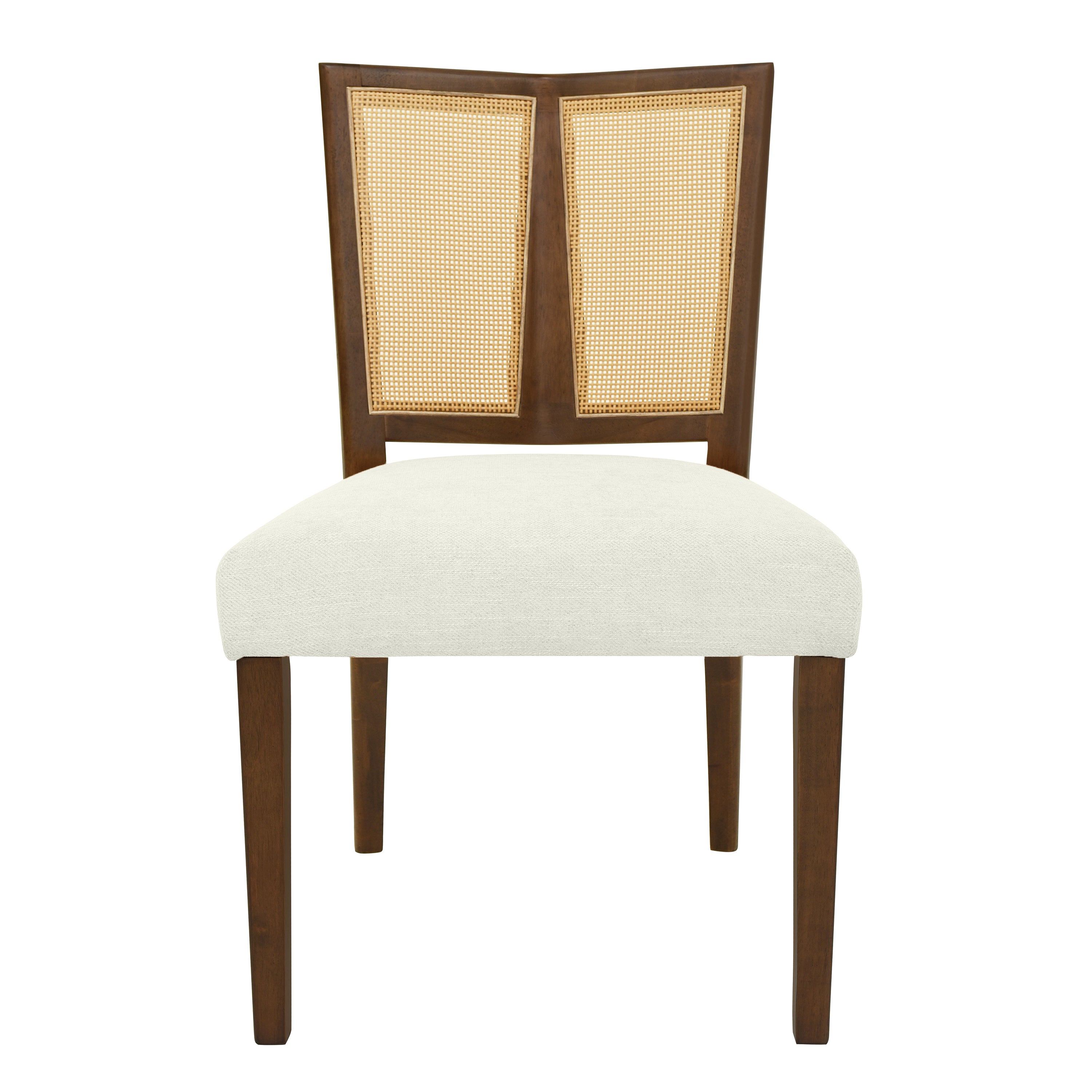 Front view of mid-century dining chair with white fabric seat and rattan backrest framed in dark wood for a stylish retro look.