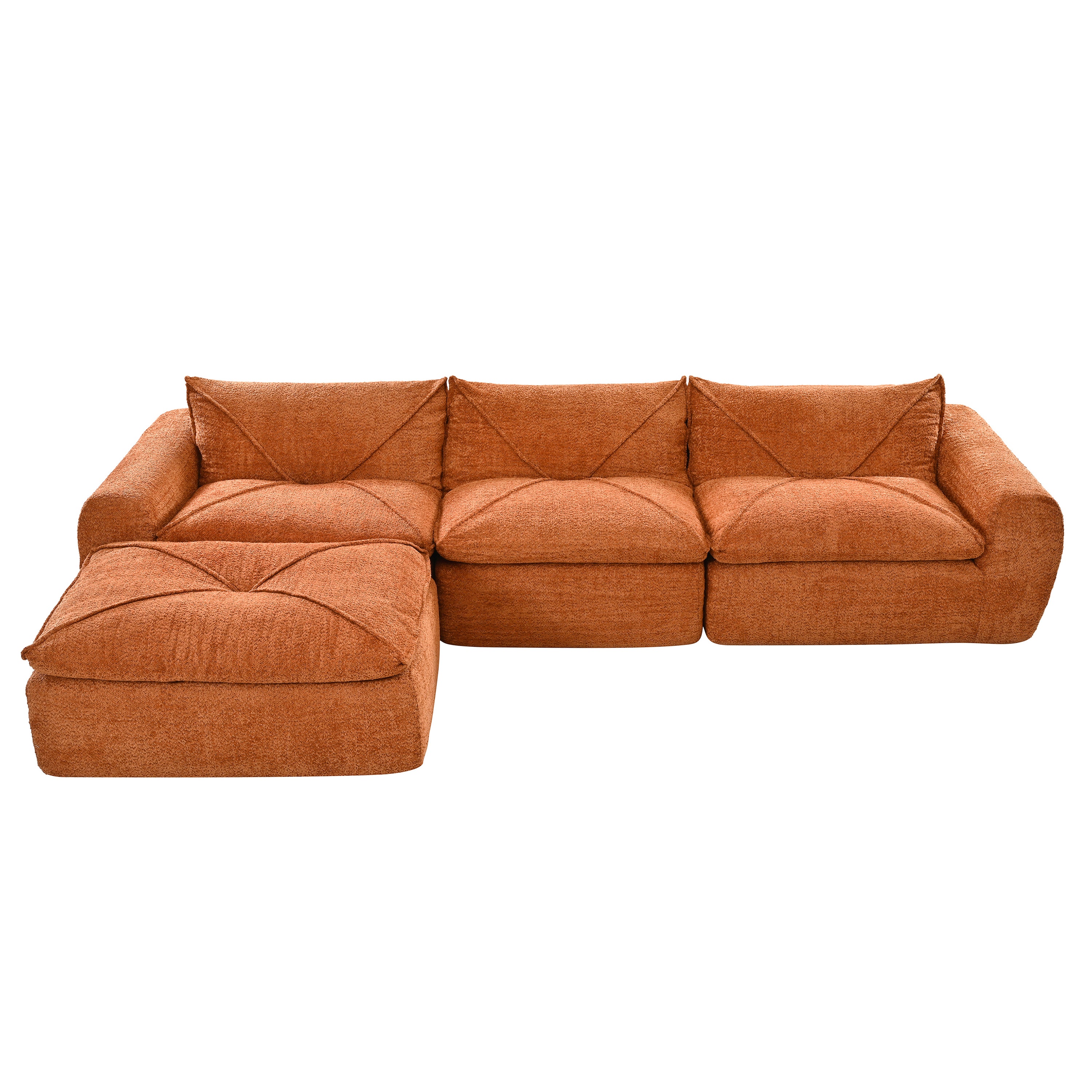 116'' compressed sofa no assembly in L-shape with left-side chaise, showcasing modular flexibility and soft chenille texture.