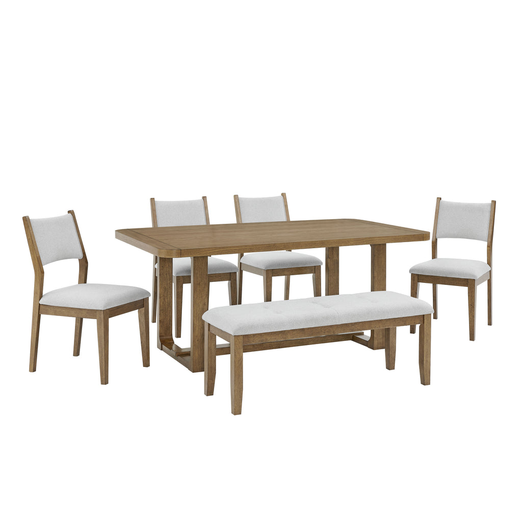 Darla 6Pc Dining Set in walnut oak finish includes 4 upholstered chairs, 1 bench, and a rectangular table with sled-style legs.