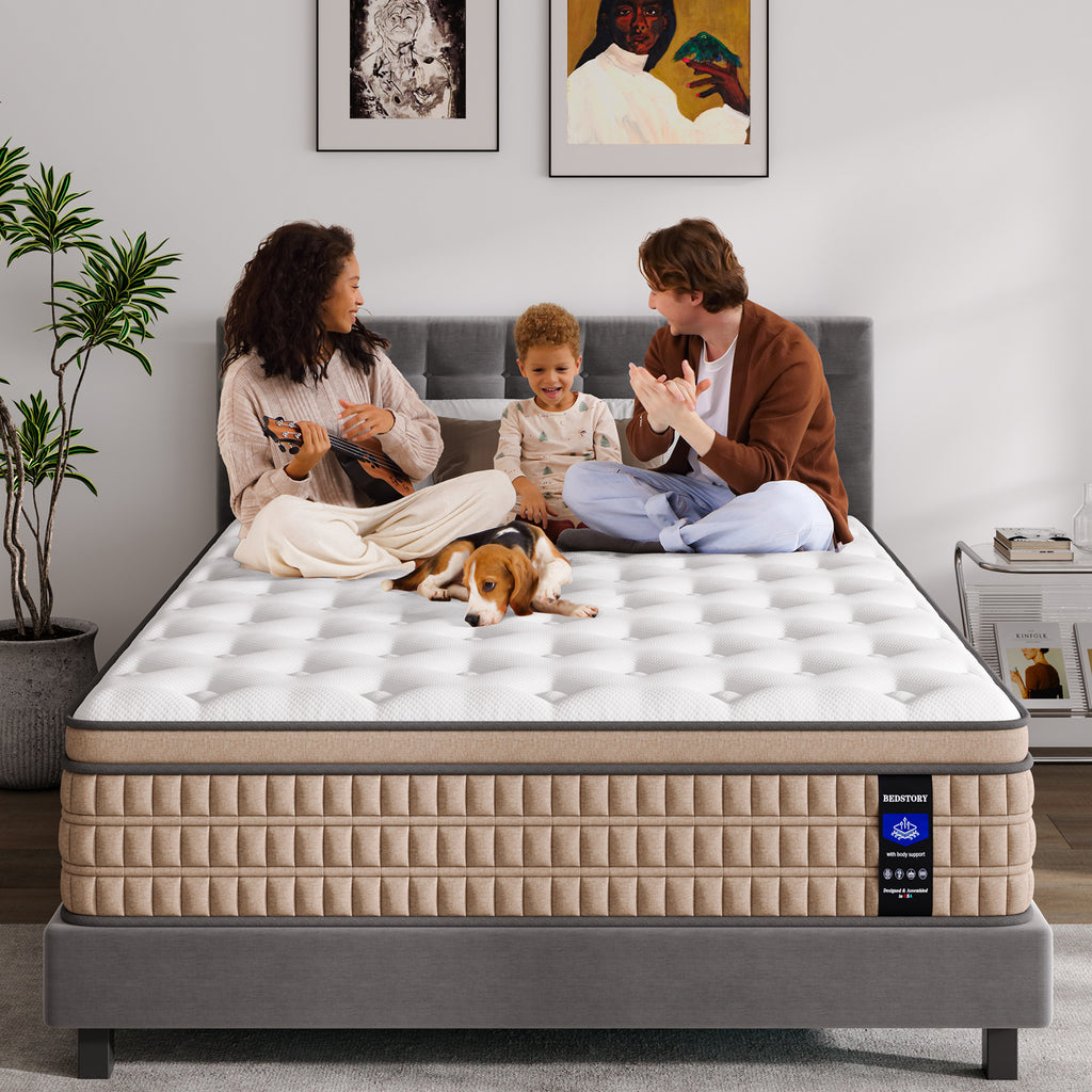 Family sitting on 14 Inch King Hybrid Mattress with child and dog, showcasing comfort, spaciousness, and durability for modern family bedrooms.