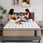 Family sitting on 14 Inch King Hybrid Mattress with child and dog, showcasing comfort, spaciousness, and durability for modern family bedrooms.