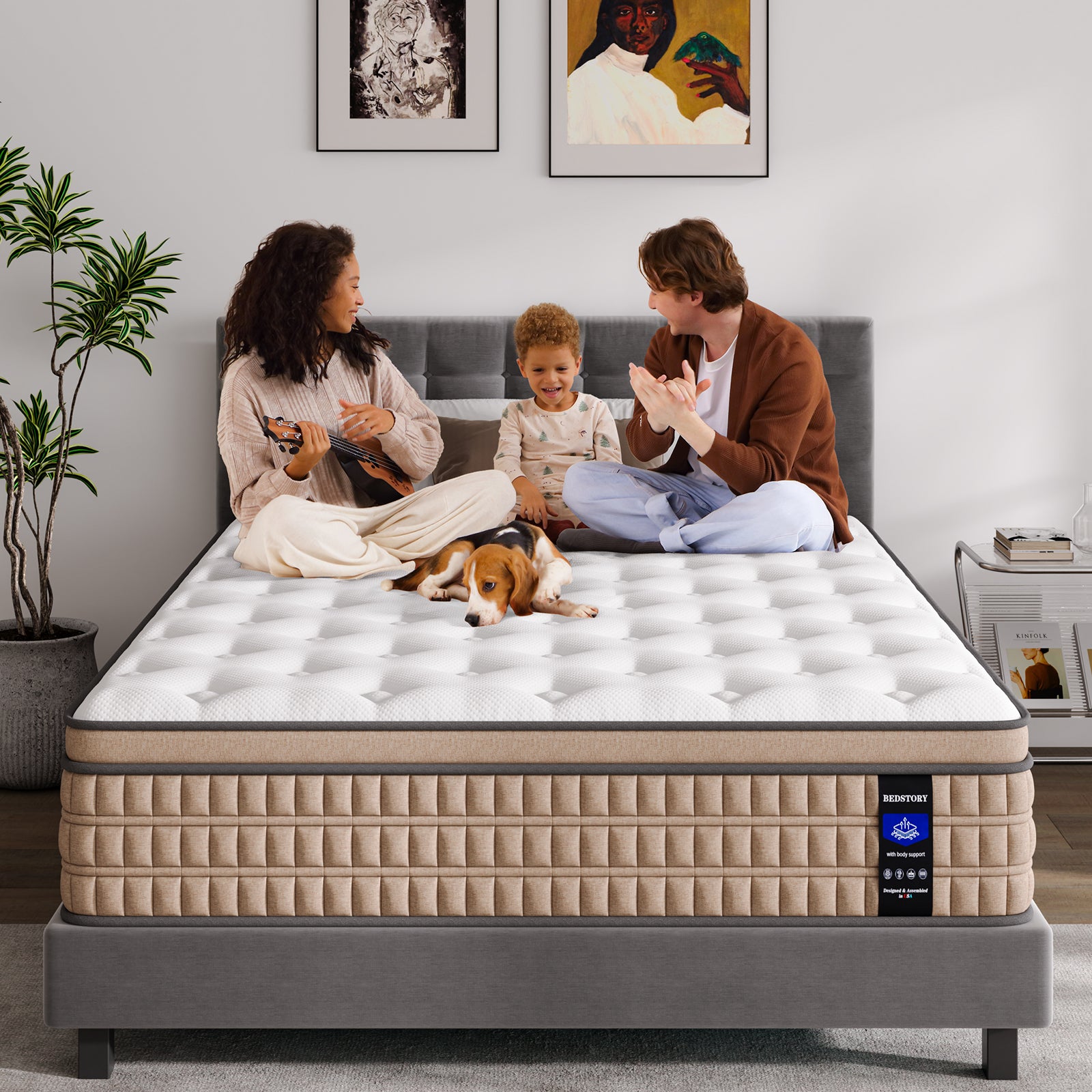 Family sitting on 14 Inch King Hybrid Mattress with child and dog, showcasing comfort, spaciousness, and durability for modern family bedrooms.