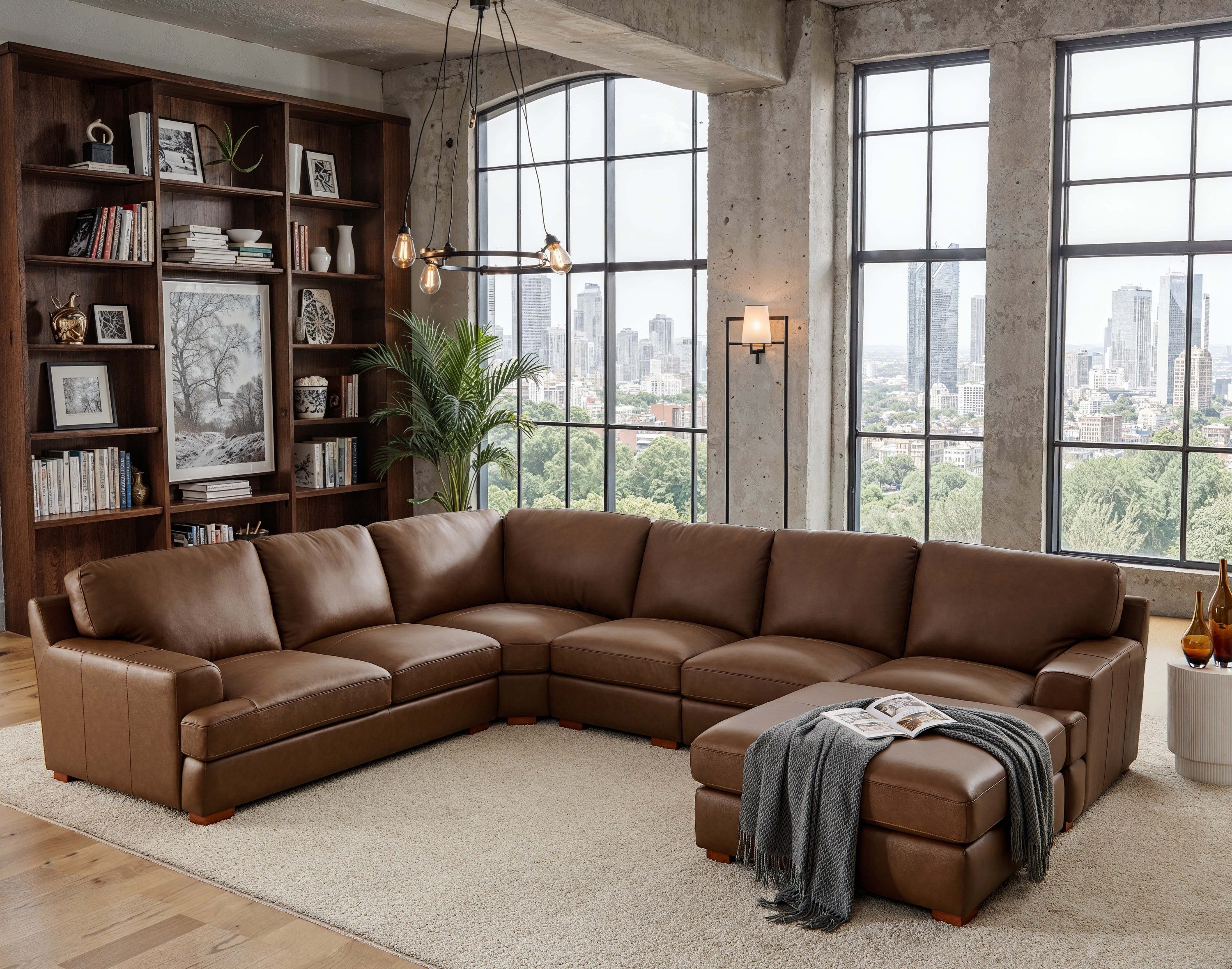Leather Match Sectional Sofa - Modular Design with 6 Seats in a loft-style room with city view, ideal for spacious modern living rooms.