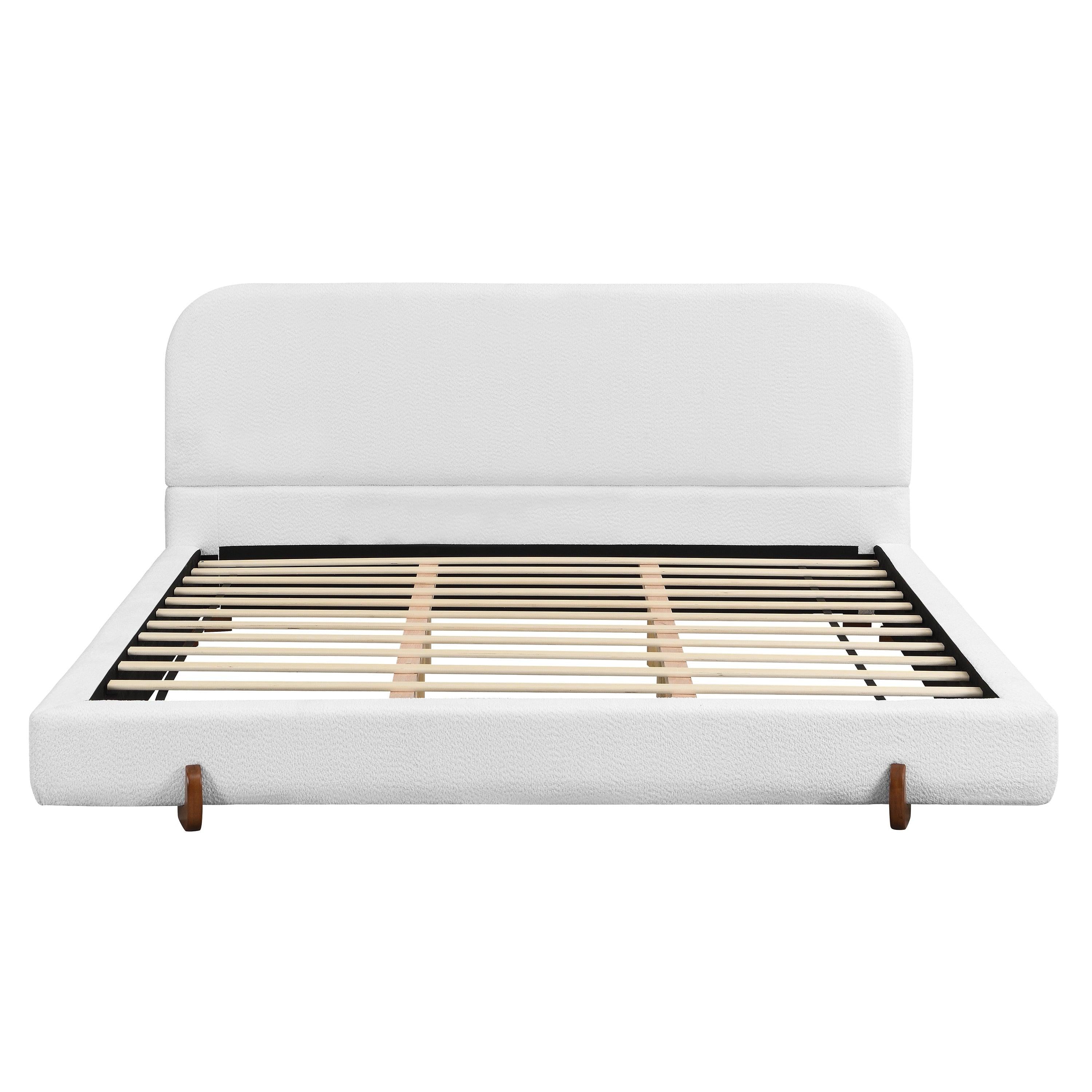 California King White Fabric Upholstered Bed Frame.