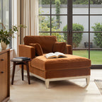 Burnt orange Knox 65' Modern Farmhouse Chaise Lounge Chair styled near a window with a side table and open book, ideal for cozy reading nooks.