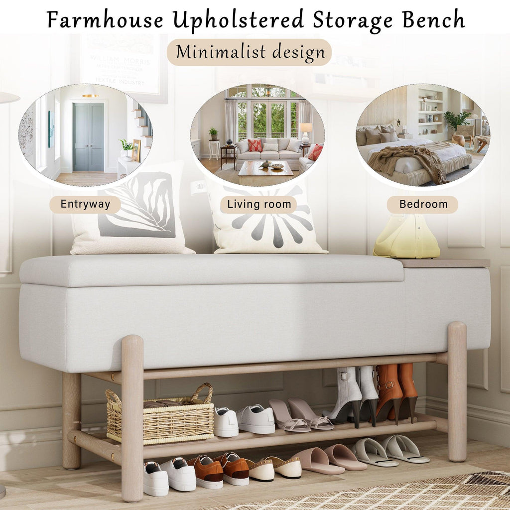 TREXM Farmhouse Upholstered Storage Bench with Hidden Compartment, Modern Entryway Bench for Living Room, Entryway, and Hallways (Natural).
