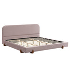 Pink Velvet Bed Frame with Brown Wood Legs - King Size.