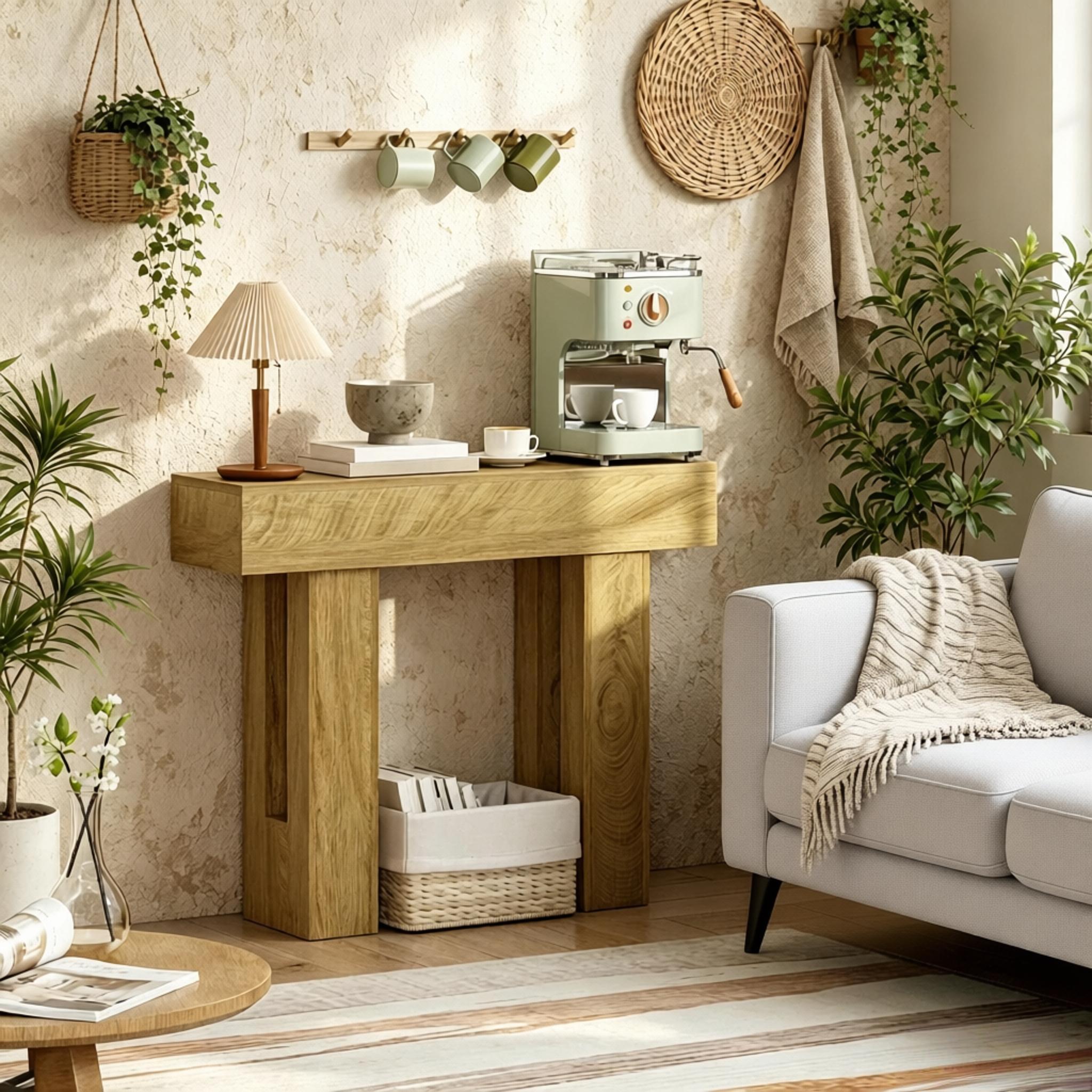 42-Inch Oak Rustic Wood Console Table for Narrow Entryways